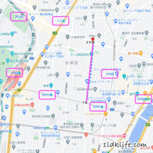 かっぱ橋道具街付近の地図。